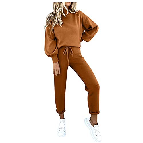 meiodtion Sportanzug Jogginganzug Damen Set Anzug Damen Sut Lässiges Solides Hemd Mit Kapuze O Ausschnitt Langarm Weiches Spleißen Design Blusentasche (Coffee S) von meiodtion