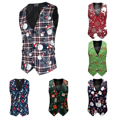 meiodtion Weihnachtsweste Herren Westen Herren Weihnachten Anzugweste Lustig Weste Christmas Festlich Santa Party Hochzeit Ärmellose Slim Fit Fischgrätweste Anzug Weste Weihnachten Westen Weihnachten von meiodtion