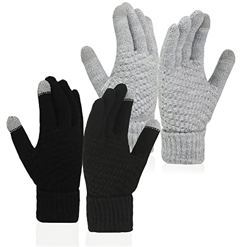 meioro Damen Winterhandschuhe Touchscreen,Warme Strick Fingerhandschuhe mit Thermao Fleece Futter,Winddicht Rutschfest Dicke Gedehnt Laufhandschuhe Outdoor(Schwarz,Grau, 2 Paar) von meioro