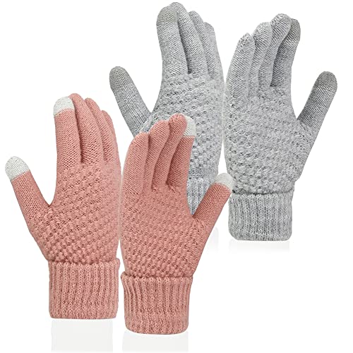 meioro Damen Winterhandschuhe Touchscreen,Warme Strick Fingerhandschuhe mit Thermao Fleece Futter,Winddicht Rutschfest Dicke Gedehnt Laufhandschuhe Outdoor (Rosa,Grau, 2 Paar) von meioro