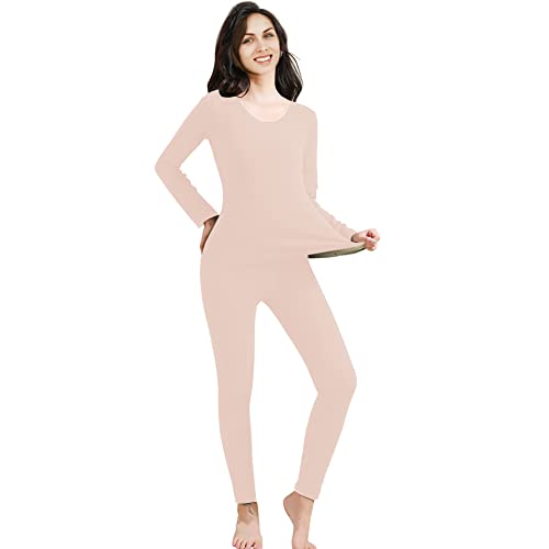 meioro Funktionsunterwäsche Damen, Rundhalsausschnitt Thermounterwäsche Sets,Fleece gefütterte Skiunterwäsche Warme Hohe Taille Lang Leggings, Damen Basisschicht Unterwasche Set (Beige, S) von meioro