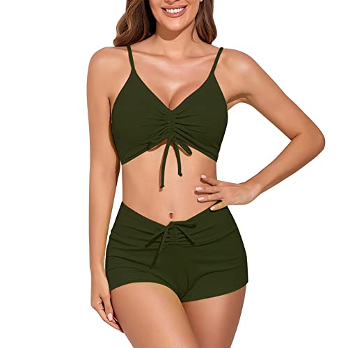 meioro Solider Badeanzug für Damen Bikini-Shorts zum Binden vorne Zweiteilige Badebekleidung Sportliche Badeanzüge Badeanzug mit hoher Taille(Armeegrün,L) von meioro