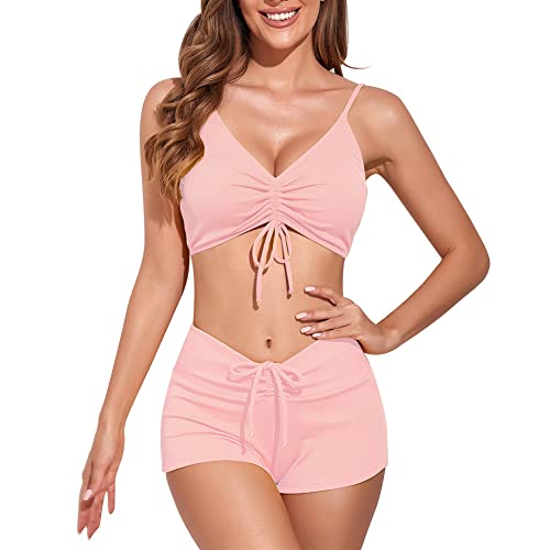 meioro Solider Badeanzug für Damen Bikini-Shorts zum Binden vorne Zweiteilige Badebekleidung Sportliche Badeanzüge Badeanzug mit hoher Taille(Hell-Pink,L) von meioro