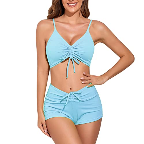 meioro Solider Badeanzug für Damen Bikini-Shorts zum Binden vorne Zweiteilige Badebekleidung Sportliche Badeanzüge Badeanzug mit hoher Taille(Himmelblau,M) von meioro