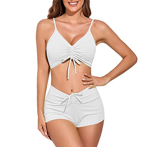 meioro Solider Badeanzug für Damen Bikini-Shorts zum Binden vorne Zweiteilige Badebekleidung Sportliche Badeanzüge Badeanzug mit hoher Taille(Weiß,L) von meioro