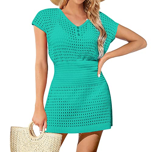 meioro Strandkleid Gestrickte für Damen Kurzärmeliges Badeanzug Cover Up Strandurlaub Strandponcho Frauen Sommer Hollow Out Kleid Elastische Taille Bikini Cover Ups Boho Beachwear(Türkis) von meioro