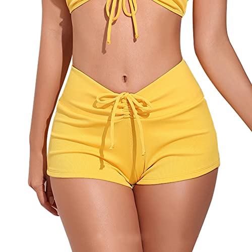 meioro Unifarbene Bikinihosen für Damen Bademode Unterteil mit Schnürung Vorne Hohe Taille Bikinihose V-Slit Bikini Slip Athletic Kordelzug Swim Boardshorts (Gelb,L) von meioro