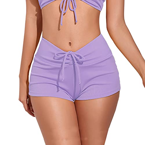 meioro Unifarbene Bikinihosen für Damen Bademode Unterteil mit Schnürung Vorne Hohe Taille Bikinihose V-Slit Bikini Slip Athletic Kordelzug Swim Boardshorts (Lila,S) von meioro