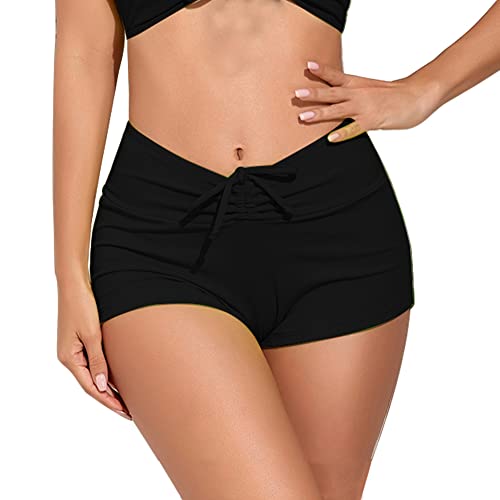 meioro Unifarbene Bikinihosen für Damen Bademode Unterteil mit Schnürung Vorne Hohe Taille Bikinihose V-Slit Bikini Slip Athletic Kordelzug Swim Boardshorts (Schwarz,L) von meioro