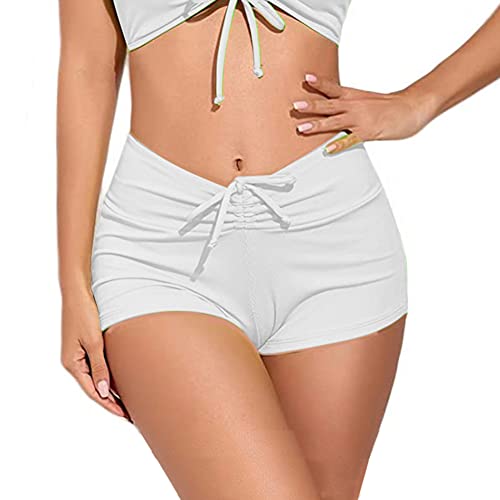 meioro Unifarbene Bikinihosen für Damen Bademode Unterteil mit Schnürung Vorne Hohe Taille Bikinihose V-Slit Bikini Slip Athletic Kordelzug Swim Boardshorts (Weiß,XL) von meioro