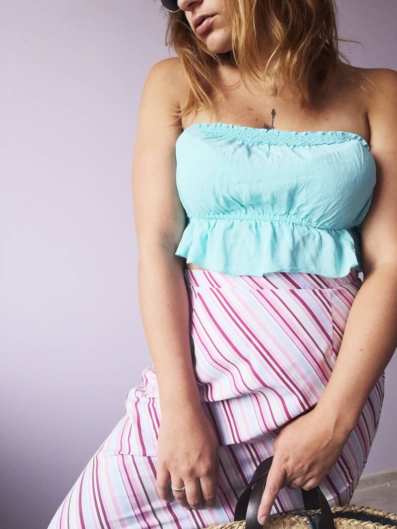 Vintage Top Für Frauen, 90Er Jahre Rüschen Bandeau in Mint Blau, Retro Kleidung, Frauen Kleidung von mellinaVINTAGE