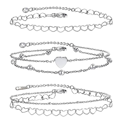 mellystore Fussketten für Frauen Silber 3pcs Verstellbare Fußkettchen Edelstahl Wasserfest Herz und Doppel Fusskettchen Fusskette Sommer Strand Barfuß Kommt mit 3 Boxen für Frauen Mädchen Fuß 20+5cm von mellystore