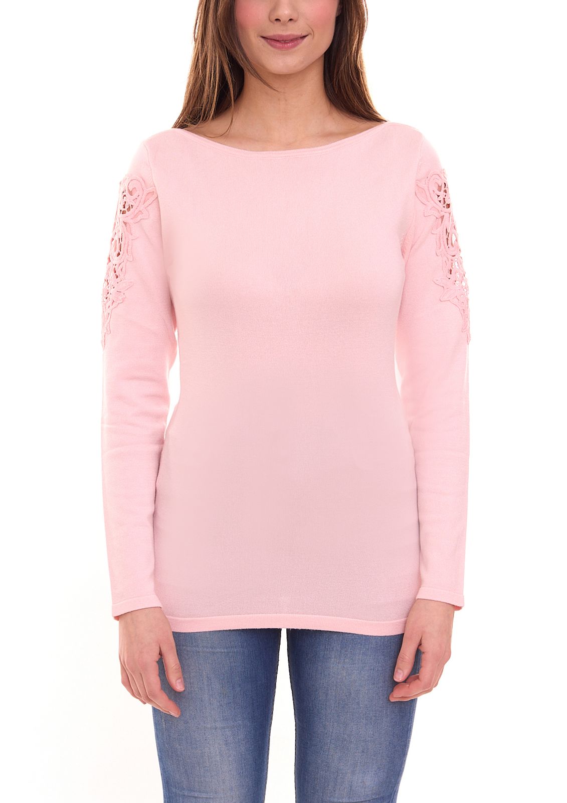 melrose Damen Rundhals-Pullover Sweat-Shirt mit Stickereien im Schulterbereich 64805604 Rosa von melrose