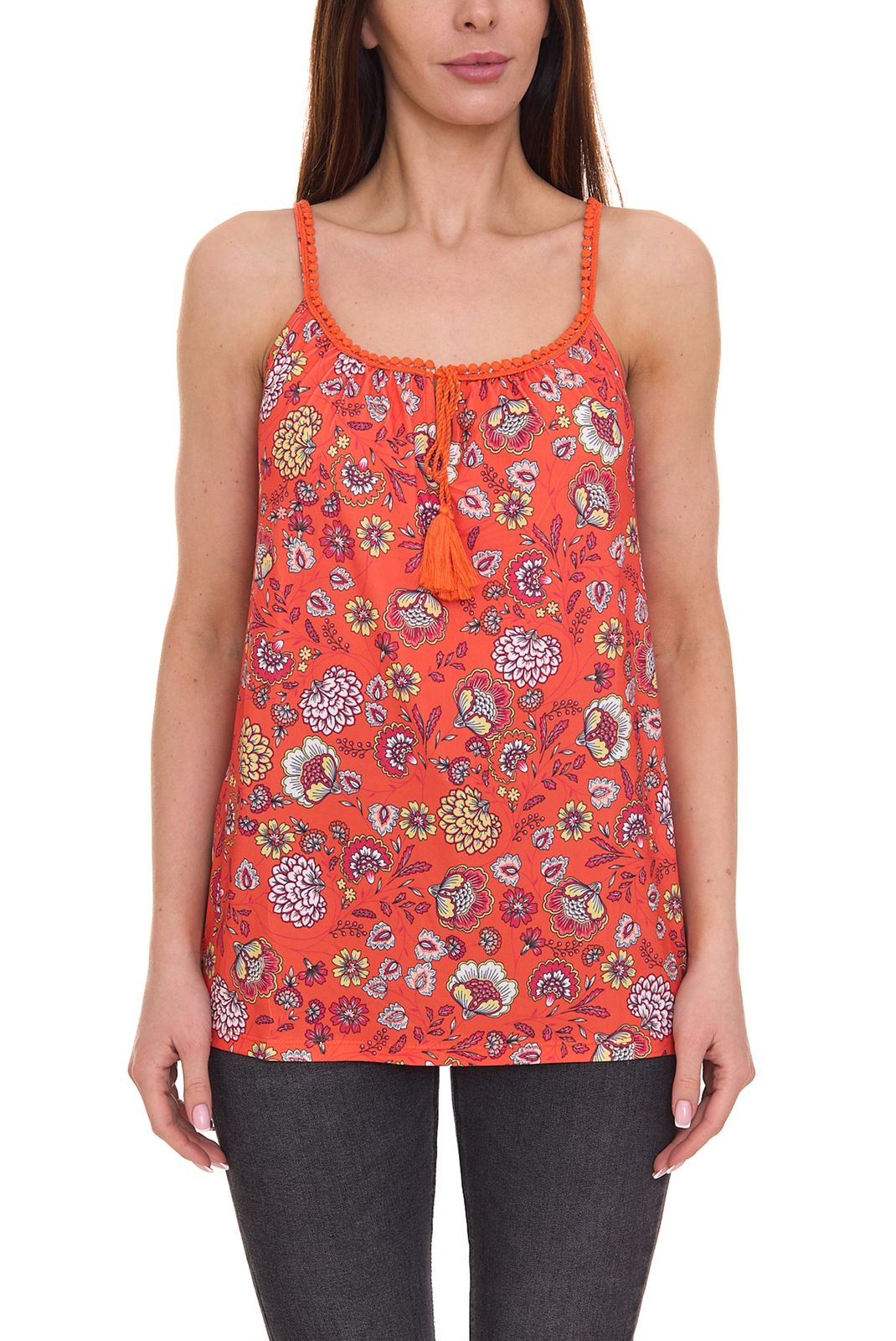 melrose Tussle Damen Wirk-Top geblümtes Spaghetti Top mit Quaste 76377235 Orange von melrose