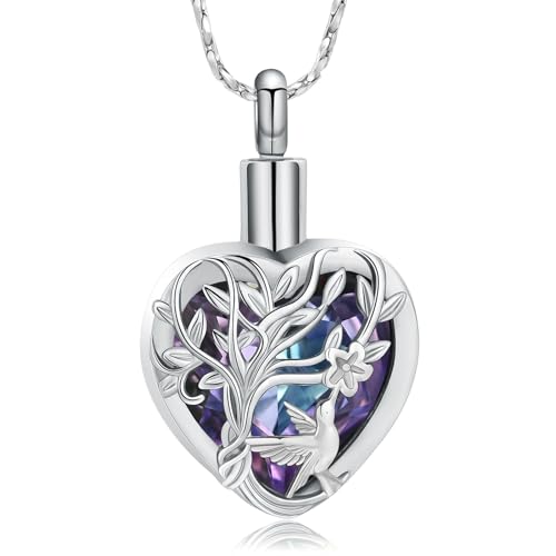 Kolibri-Blumen-Einäscherungsschmuck für Asche, Kristall-Herz, Baum des Lebens, Urnen-Halskette, Beerdigung, Andenken, Anhänger, Aschehalter für Damen und Herren, Edelstahl, Kein Edelstein von memorial jewelry