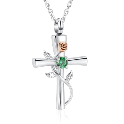 Kreuz Urnenhalskette für Asche Geburtsstein Rose Blume Kremationsschmuck für Frauen Gilrs Keepsake Memorial Asche Anhänger von memorial jewelry