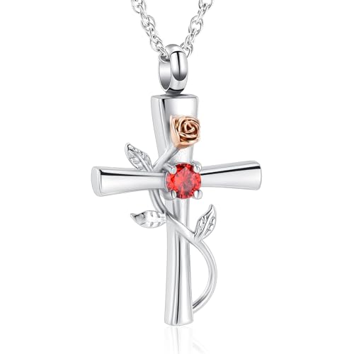 Kreuz Urnenhalskette für Asche Geburtsstein Rose Blume Kremationsschmuck für Frauen Gilrs Keepsake Memorial Asche Anhänger von memorial jewelry