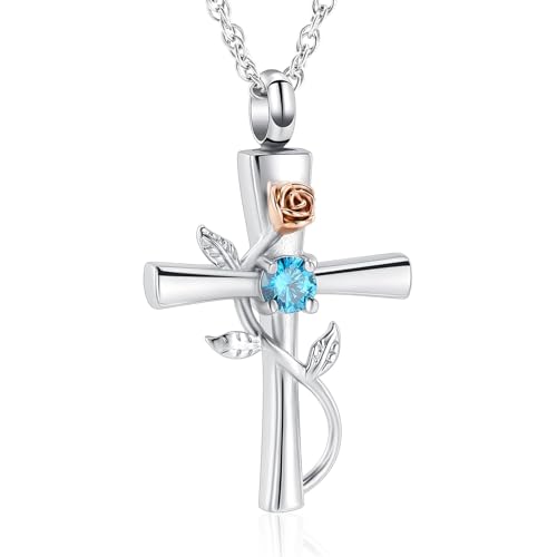 Kreuz Urnenhalskette für Asche Geburtsstein Rose Blume Kremationsschmuck für Frauen Gilrs Keepsake Memorial Asche Anhänger von memorial jewelry