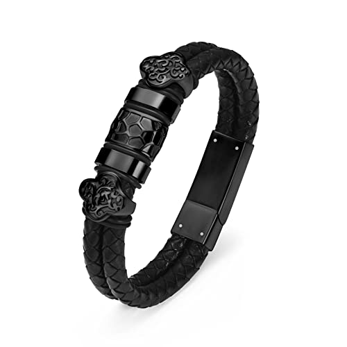 Urnenarmband für Asche für Frauen Männer 316L Edelstahl unregelmäßig geknackt Mann Armband Echtes geflochtenes Leder Herren Einäscherungsschmuck Urnen Armreif für Asche Double-Layer-Design von memorial jewelry
