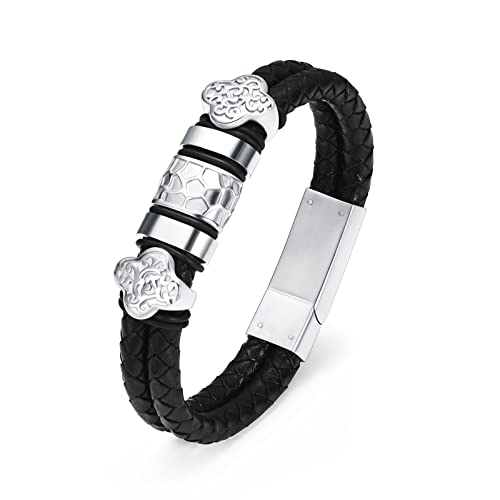Urnenarmband für Asche für Frauen Männer 316L Edelstahl unregelmäßig geknackt Mann Armband Echtes geflochtenes Leder Herren Einäscherungsschmuck Urnen Armreif für Asche Double-Layer-Design von memorial jewelry