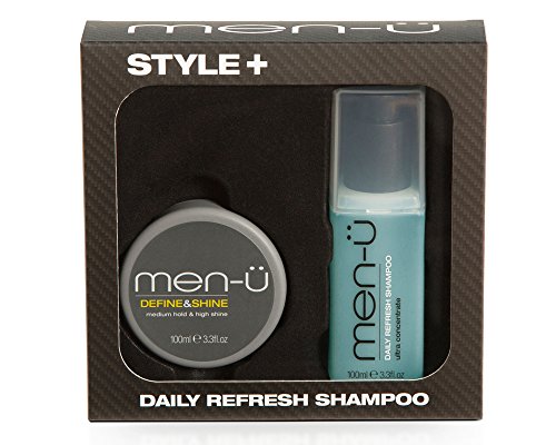 men-ü Style+ DEFINE & SHINE 100 ml mit Daily Refresh Shampoo 100 ml, Haar-Styling, Pomade, hoher Halt, Hochglanz, vegan, Herren-Geschenkset von men-ü