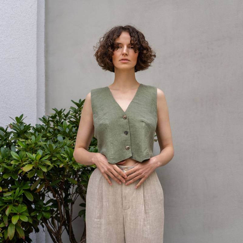 Damen Leinen Weste Kurze Crop V-Ausschnitt Für Frauen Top Formelle Anzug Maßgeschneiderte Ava von menique