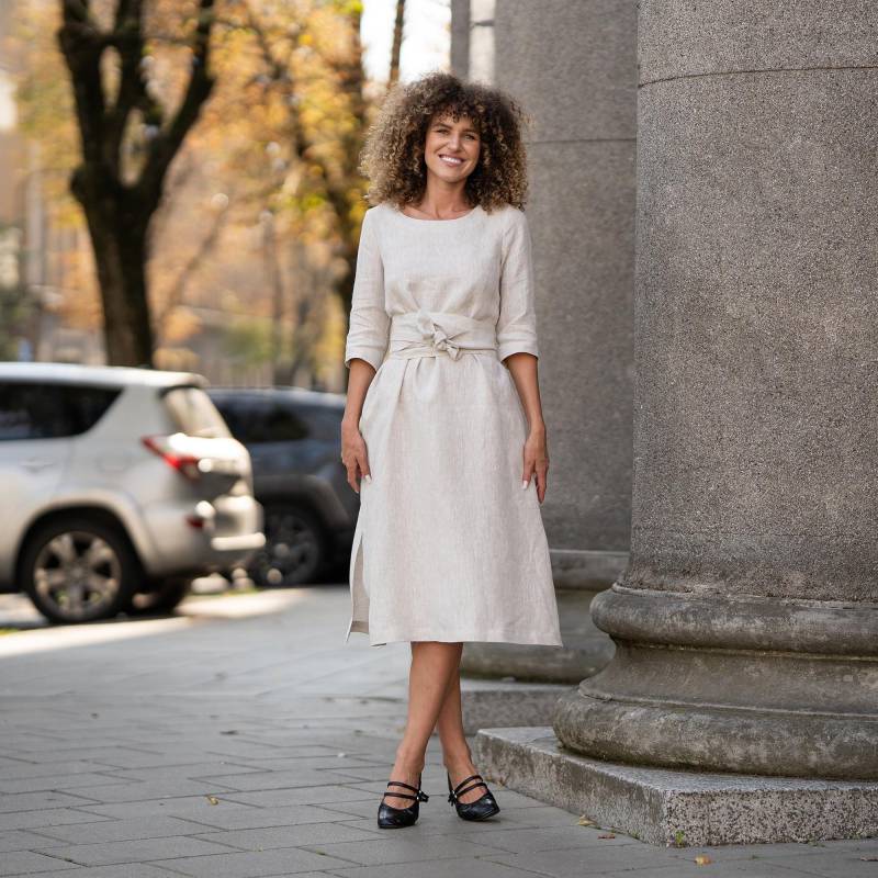 Leinenkleid Mit Krawatten Wrap Sommerkleid Leinen Midikleid Langarm Taschen Grünes Miley von menique