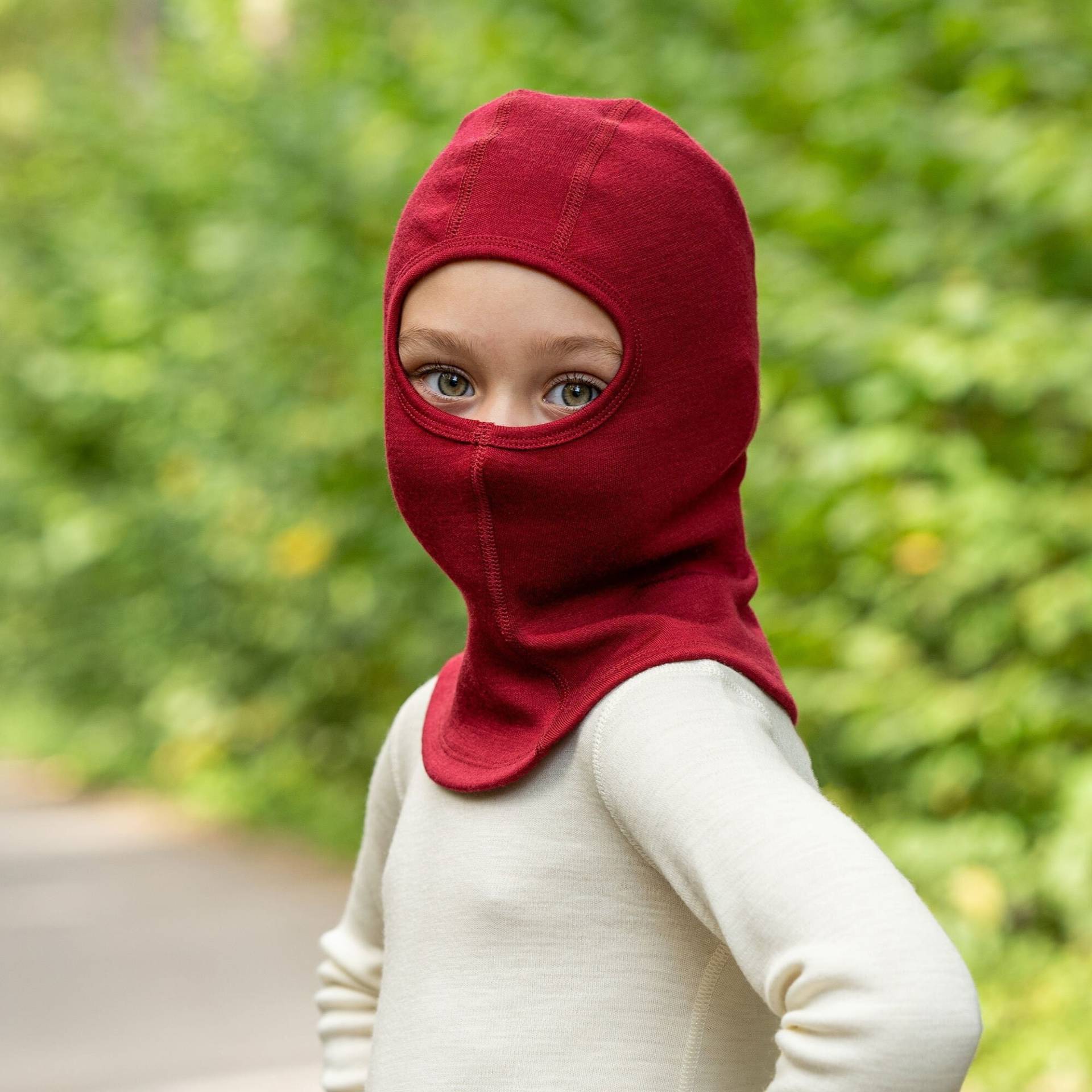 Natürliche 100% Merino Wolle Kinder Balaclava Gesichtsmaske Kleinkind Hut Gesichtsabdeckung Nachhaltige Kleidung 250G/M² Royal Cherry von menique