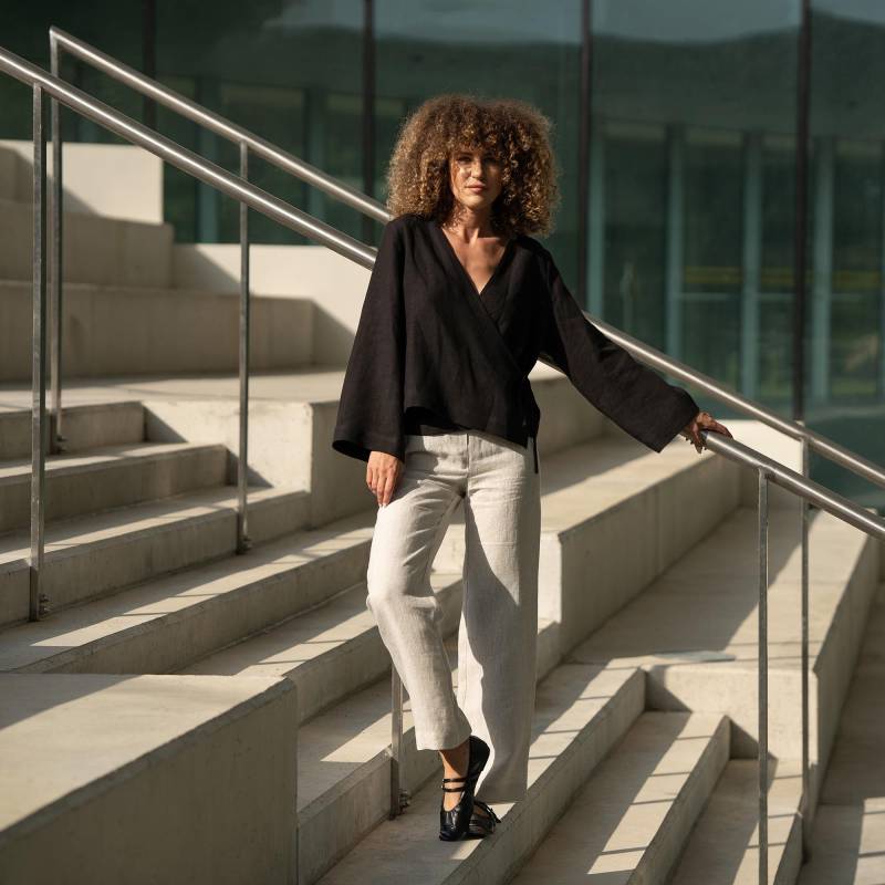 Natur Leinenhose Damen Weite Beinhose Hohe Taille Leinen Palazzohose Sommerhose Lotus von menique