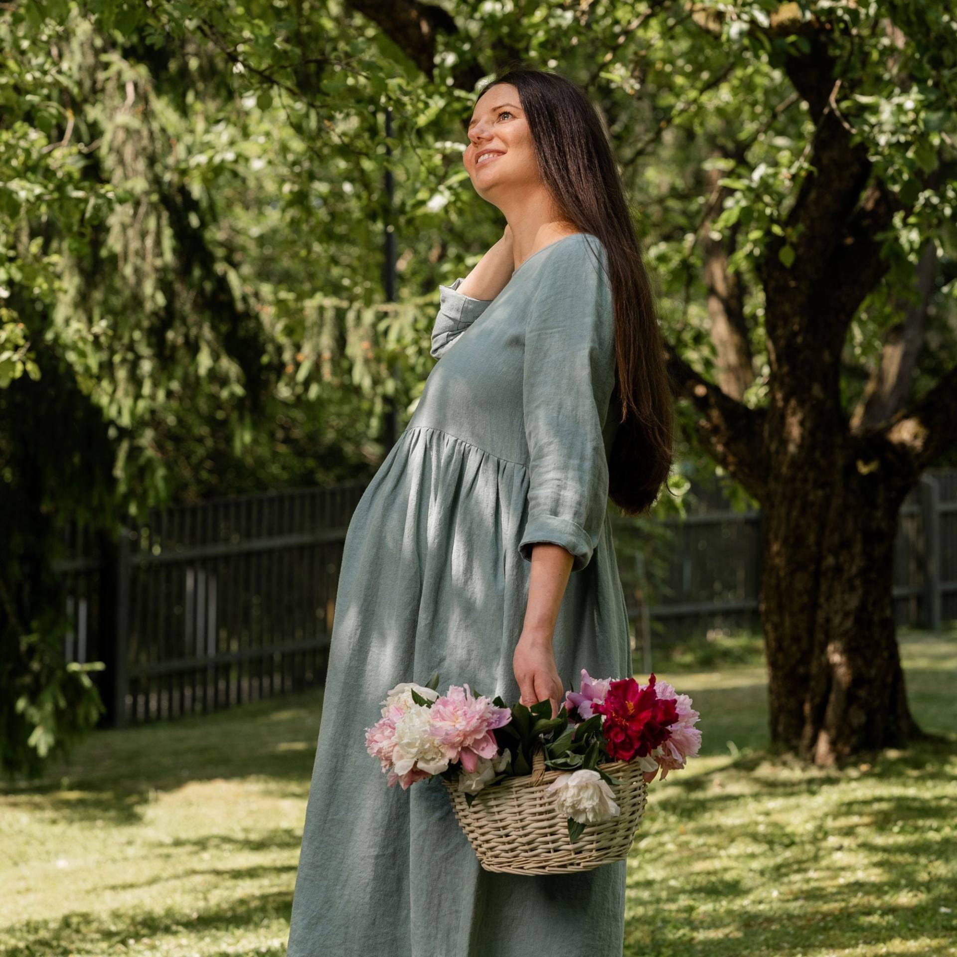 Umstandskleid Für Frauen Midi-Leinenkleid Babyparty Postpartum-Kleid Schwangerschaftskleidung Leinen Muttertagsgeschenk Lucy Mintgrün von menique