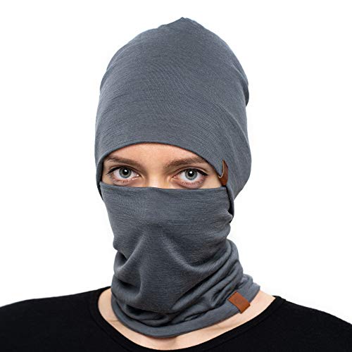 menique Damen Beanie Mütze & Neck Gaiter Set 100% Merino Wolle Gr. Einheitsgröße, Perfektes Grau von menique