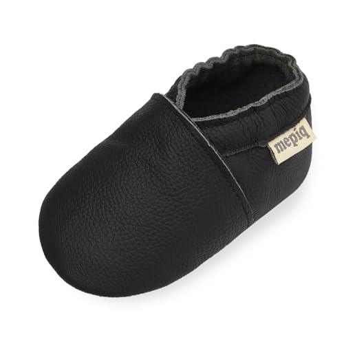 Krabbelschuhe Baby Lauflernschuhe lederpatschen Jungen Mädchen Weicher Leder Kleinkind Wildleder rutschfeste Lederschuhe 18-24 Monate, Schwarz von mepiq