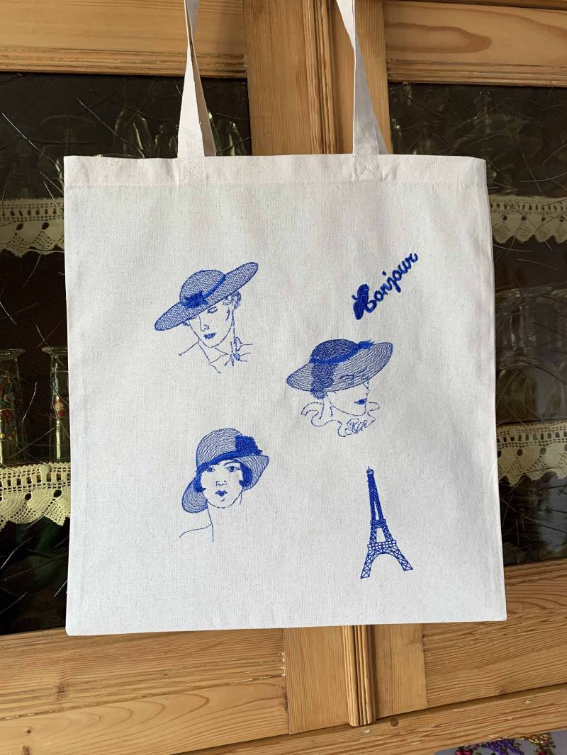 Tote Bag Gestickt Muster Die Pariser in Blau von merceriebroderie