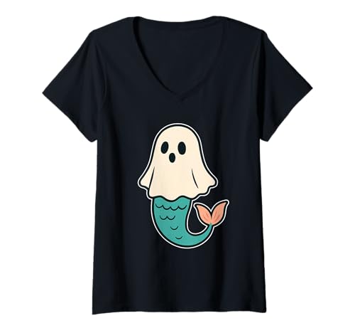 Damen Meerjungfrau Geist niedlich T-Shirt mit V-Ausschnitt Damen Meerjungfrau Geist niedlich T-Shirt mit V-Ausschnitt von mermaid ghost ocean lover cute spooky sea