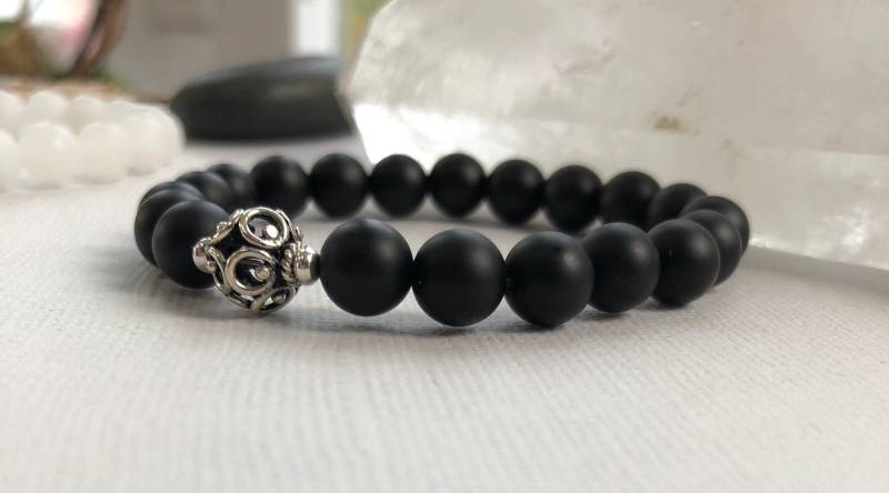 Schwarzer Onyx Edelstein Armband Mit Silber Akzent Perle von mese9