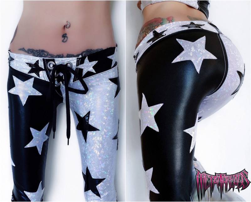 Metallfäden Sternenstaub Sonderanfertigungen Auf Bestellung Metallic Hologramm Spandex Hose Leggings Weiß Silber Hologramm Glam Rock Bowie Kuss von metalthreads