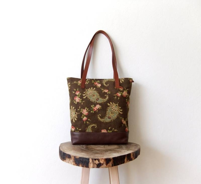 Mütter Tagesverkauf - Canvas Tote Bag Leder Basis Paisley-Blumen-Design-Leinen Braune Ledergriffe von metaphore