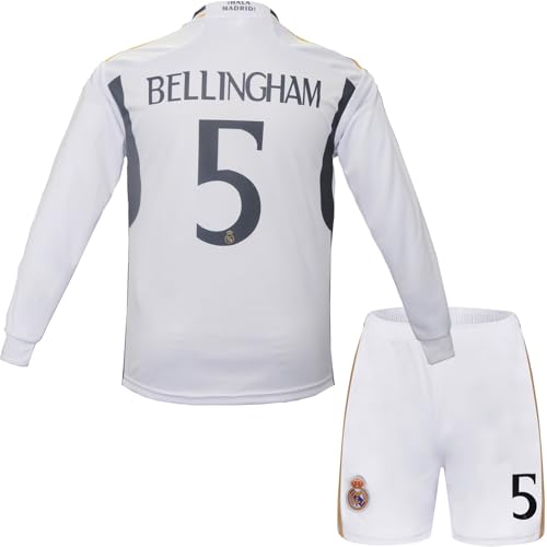 metekoc R. Madrid Bellingham #5 Heim Fußball Langarm Trikot und Shorts Kinder Jungengrößen (Weiß, 22 (4-5 Jahre)) von metekoc