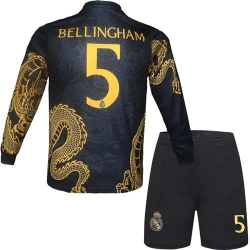 metekoc R. Madrid Bellingham #5 Kinder Trikot Fußball Spezielle Golddrachen-Edition, Langarmtrikot und Shorts, Jugendgrößen (Schwarz Dragon, 26 (8-9 Jahre)) von metekoc