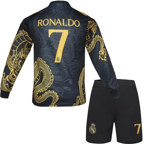 metekoc R. Madrid Ronaldo #7 Kinder Trikot Fußball Spezielle Golddrachen-Edition, Langarmtrikot und Shorts, Jugendgrößen (Schwarz,30) von metekoc