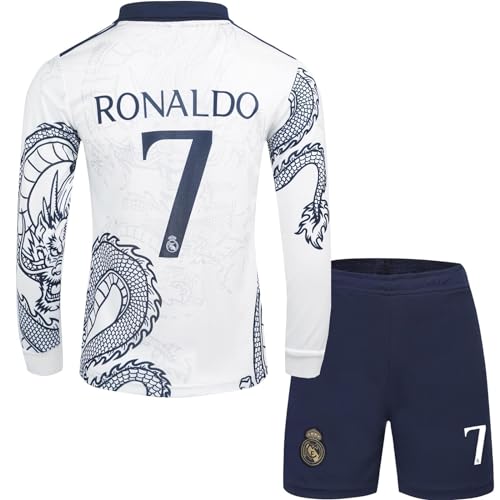 metekoc R. Madrid Ronaldo #7 Kinder Trikot Fußball Spezielle Weißer Drache Edition, Langarmtrikot und Shorts, Jugendgrößen (Weiß,24) von metekoc