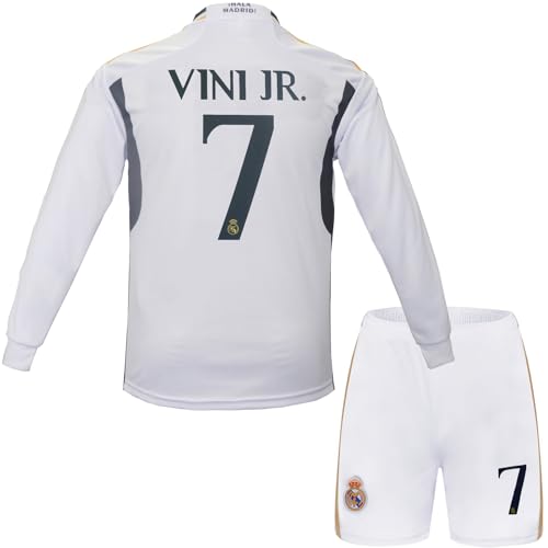 metekoc R. Madrid Vini Jr. #7 Vinicius Heim Fußball Langarm Trikot und Shorts Kinder Jungengrößen (Weiß, 30 (12-13 Jahre)) von metekoc