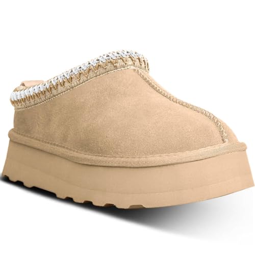 metricfalcon Plateau-Mini-Stiefel für Damen, Hausschuhe, Slipper aus Pelz/Fleecefutter/Wildleder, kurze Stiefeletten, Beige, 38 EU von metricfalcon