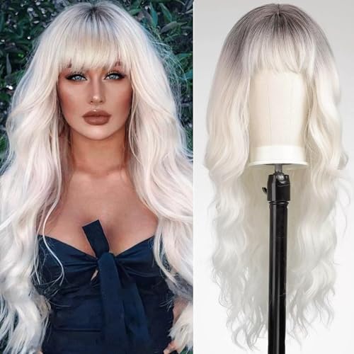 Lange Curly Wellige Perücke mit Bangs für Frauen 26 Zoll synthetische Curly Wellige Perücken natürlich (Ombre Platinum) von metritcook