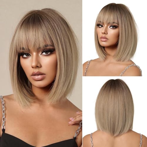 Ombre Blonde Bob Perücke mit Bangs 14 Zoll kurze gerade Perücke für Frauen synthetische Haarperücken (C1052) von metritcook