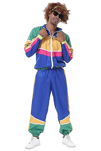 mewjoy 2-teilige 80er Jahre Outfit Hippie Disco für Männer 90er Jahre Anzug Kostüm Farbblock Windbreaker Hip Hop Sportswear (Tiefblau, XL) von mewjoy