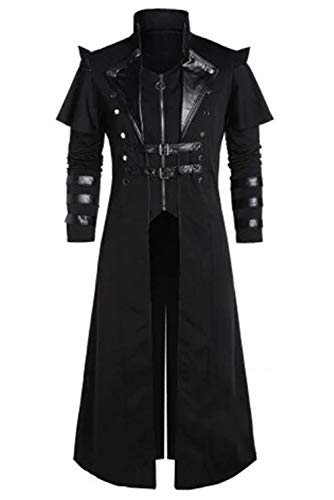 mewjoy Herren Mittelalterlicher Schwarz Steampunk Trench Mantel Reißverschluss Langes Gothic Jacke 3XL von mewjoy