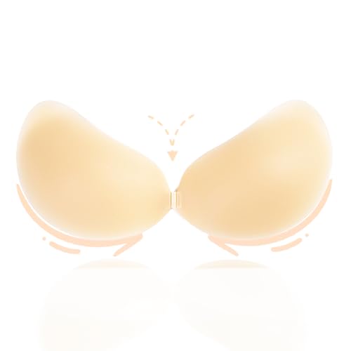 mhinese Trägerloser BH Push Up, Wiederverwendbarer Silikon Klebe BH - Push Up BH Trägerlos Rückenfreier BH. (Beige, A) von mhinese