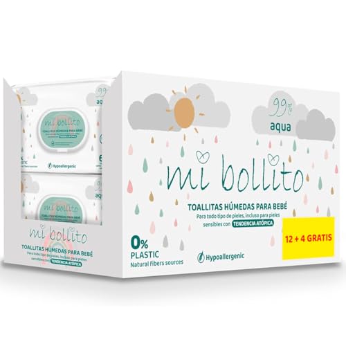 Mi Bollito Babytücher – 99 % reines Aqua – 100 % pflanzliche Fasern – 960 Tücher – 12 Packungen + 4 gratis – helfen, den pH-neutralen pH-Wert der Babyhaut wiederherzustellen – ideal für empfindliche von mi bollito