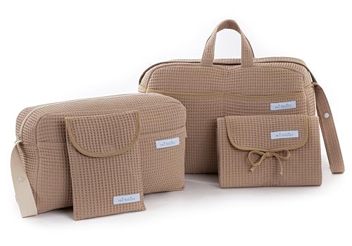 mi bollito Unverzichtbares Set für Mütter, Väter und Babys: Mutterschaftstasche, Wickeltasche, tragbare Wickelunterlage und Organizer für Windeln und Tücher. Hergestellt in Spanien., Pastellbraun von mi bollito